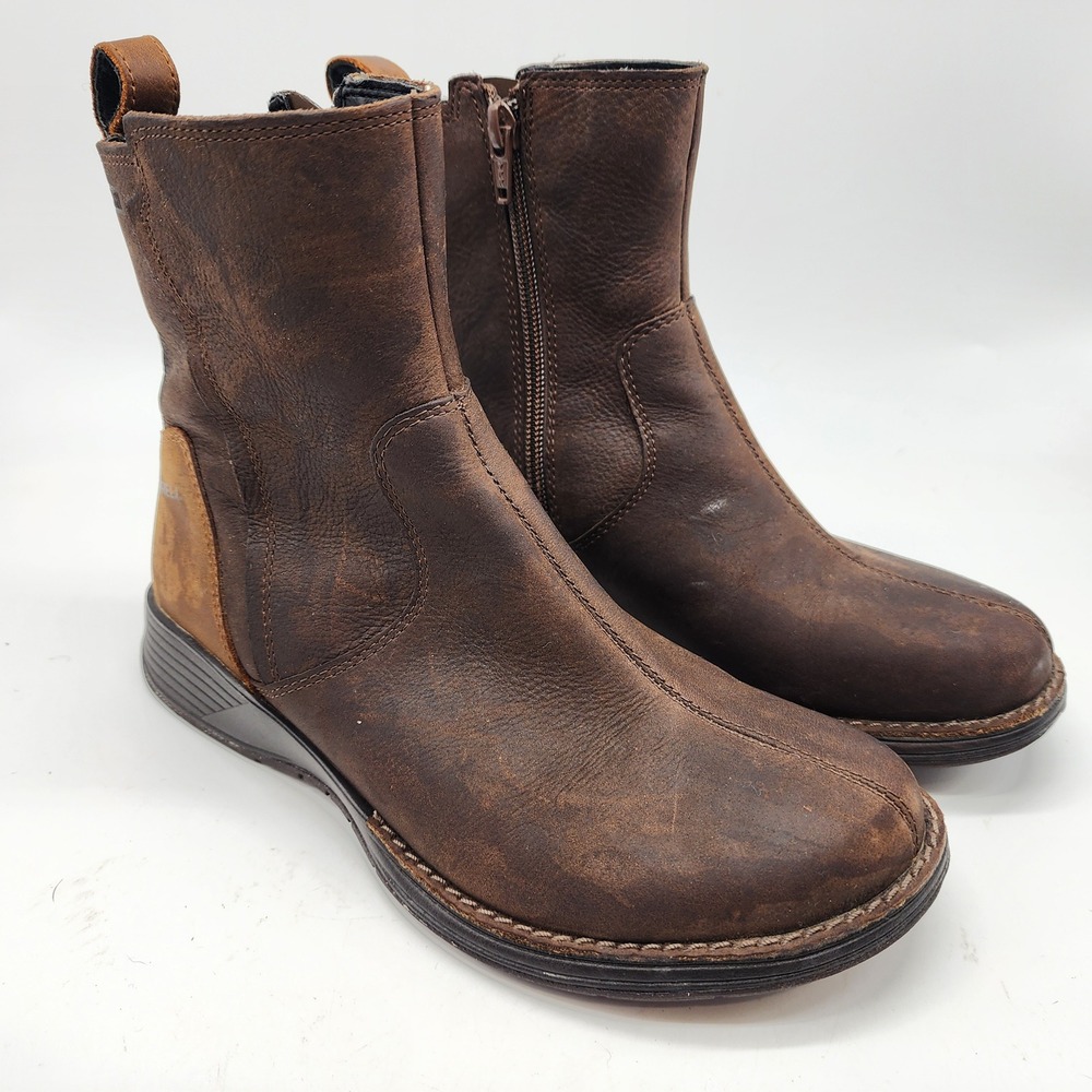 Merrell Clay Waterproof Ankle Boots Womens 5.5 Brown Leather Side Zip Booties